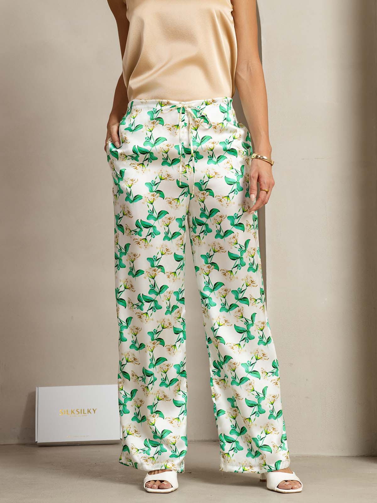 [Green Floral] SilkSilky  19Momme Silk Womens Pants 003
