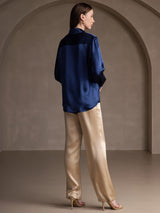 [Dark Blue] SilkSilky  19Momme Stretch Silk Charmeuse Long Sleeve Lapel Collar Women's Shirt 002