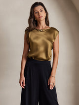 [Brown] SilkSilky  Cap Sleeve Round Neck Women's T-Shirt 003