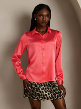 [Imperial Red] SilkSilky  19Momme Stretch Silk Charmeuse Long Sleeve Lapel Collar Women's Shirt 001