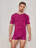 SilkSilky US Silk Knitted Short Sleeve V Neck Men's T Shirt DarkRed 004