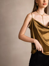 [Brown] SilkSilky  19Momme Stretch Silk Charmeuse Spaghetti Strap Cowl Neck Camisole Top 004