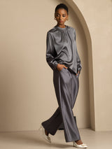 [Dark Gray] SilkSilky  19Momme Stretch Silk Charmeuse Long Sleeve Round Neck Blouse 007