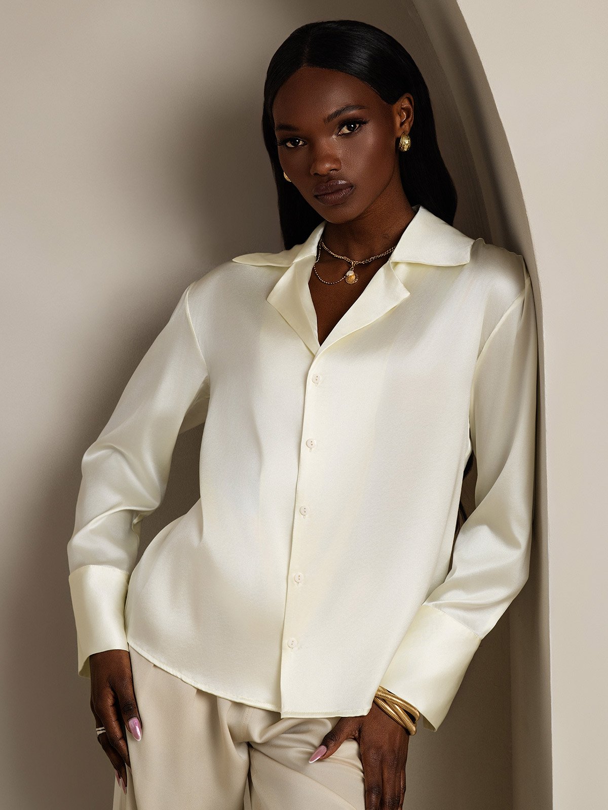 SilkSilky 19Momme Silk Long Sleeve Lapel Women's Shirt Ivory 001