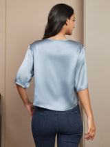 [Grayish Blue] SilkSilky  Pure Silk Half Sleeve Scoop Neck Women's T-Shirt 002