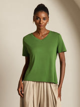 [Green] SilkSilky  Short Sleeve V Neck Women's T-Shirt 008