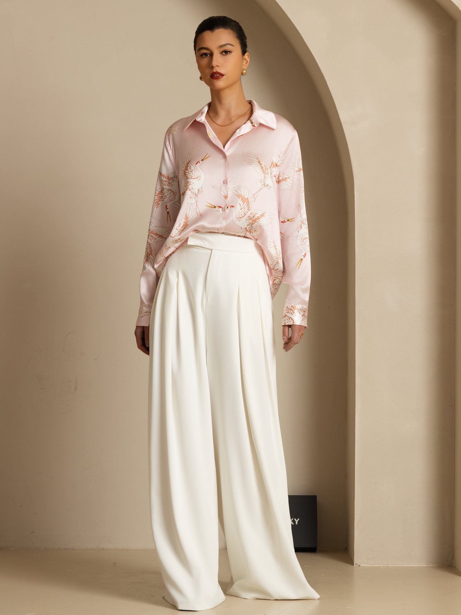 [Pink] SilkSilky  19Momme Long Sleeve Lapel Collar Women's Shirt 007