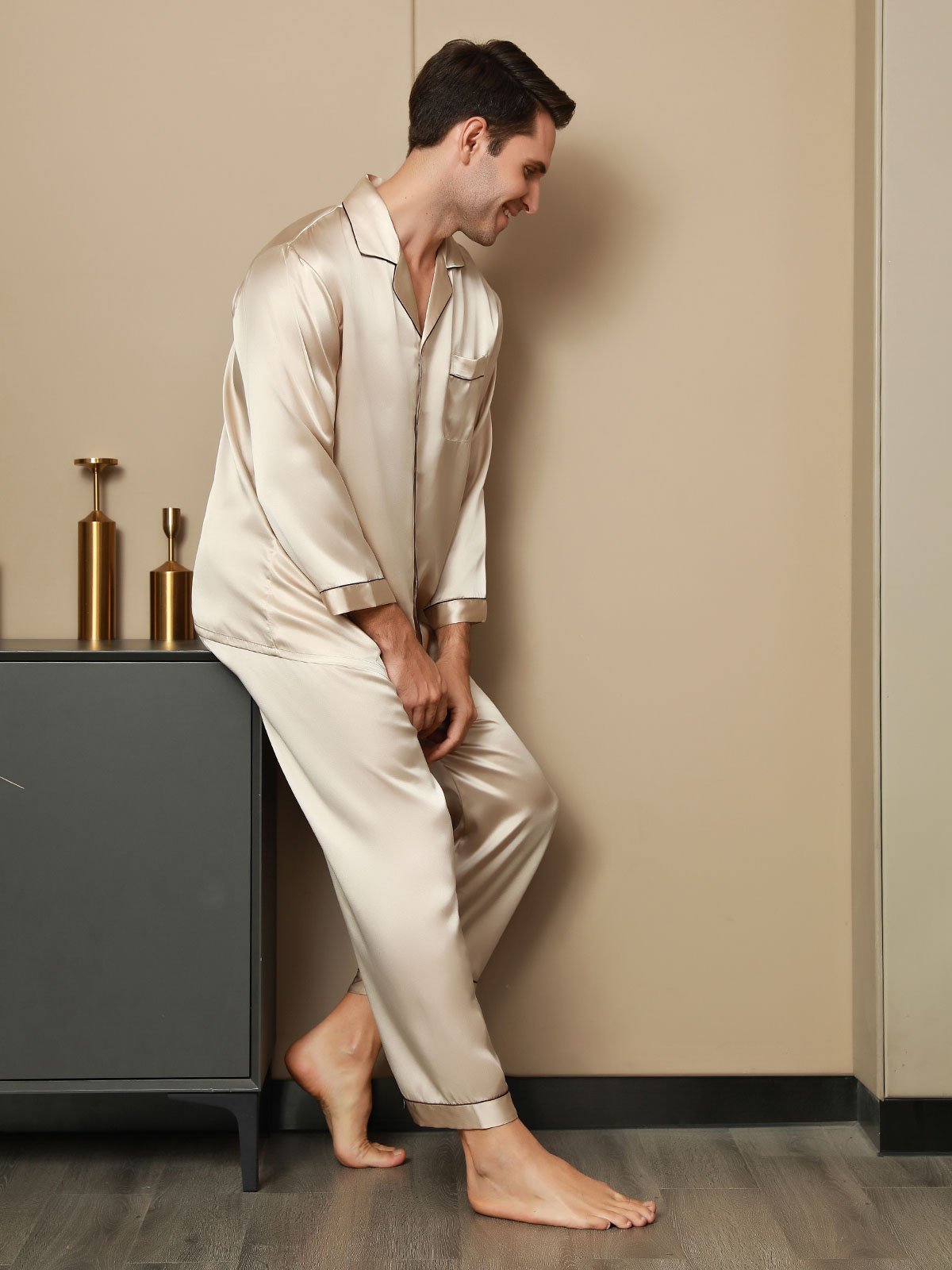 SilkSilky US Pure Silk Long Sleeve Lapel Men's Pajamas Tan 008