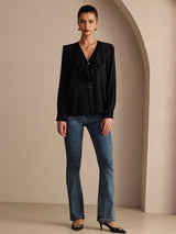 [Black] SilkSilky Long Sleeve Deep V Neck Women's Blouse 006