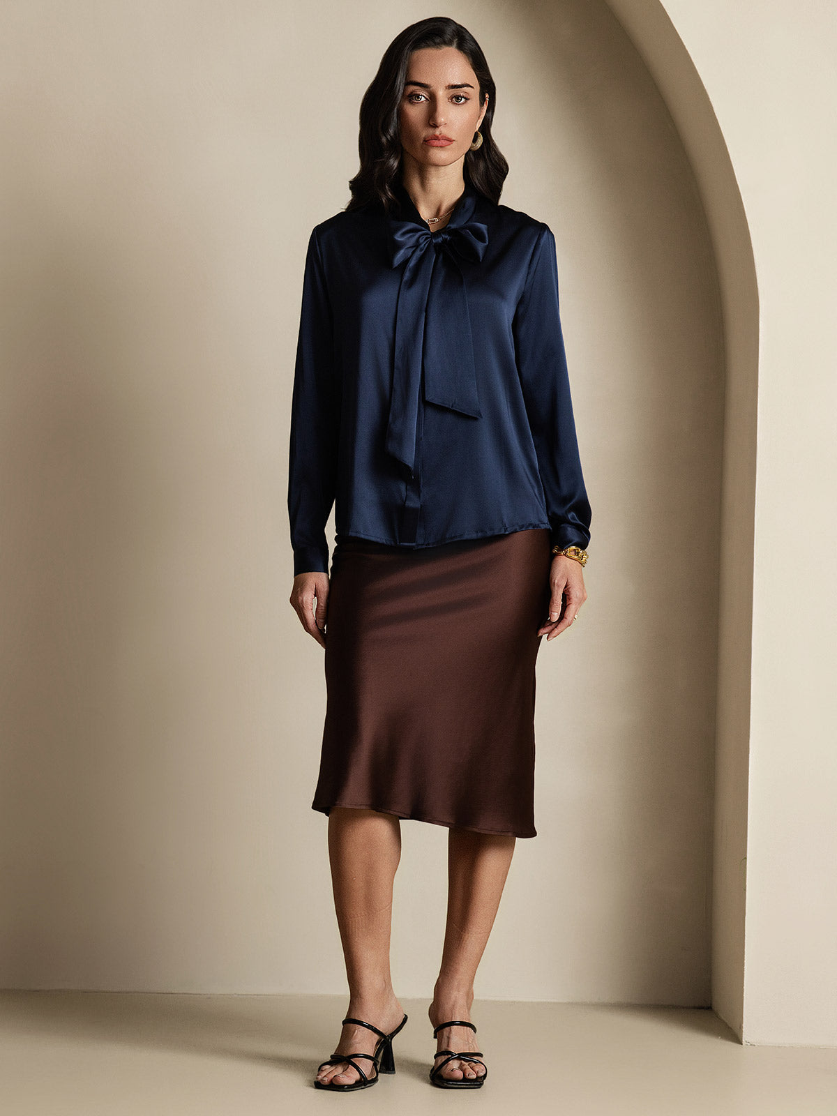 [Dark Blue] SilkSilky 19Momme Silk Long Sleeve Tie Neck Women's Shirt 006