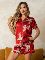 [Dark Red] SilkSilky  Short Sleeve Lapel Collar Women's Pajamas 003