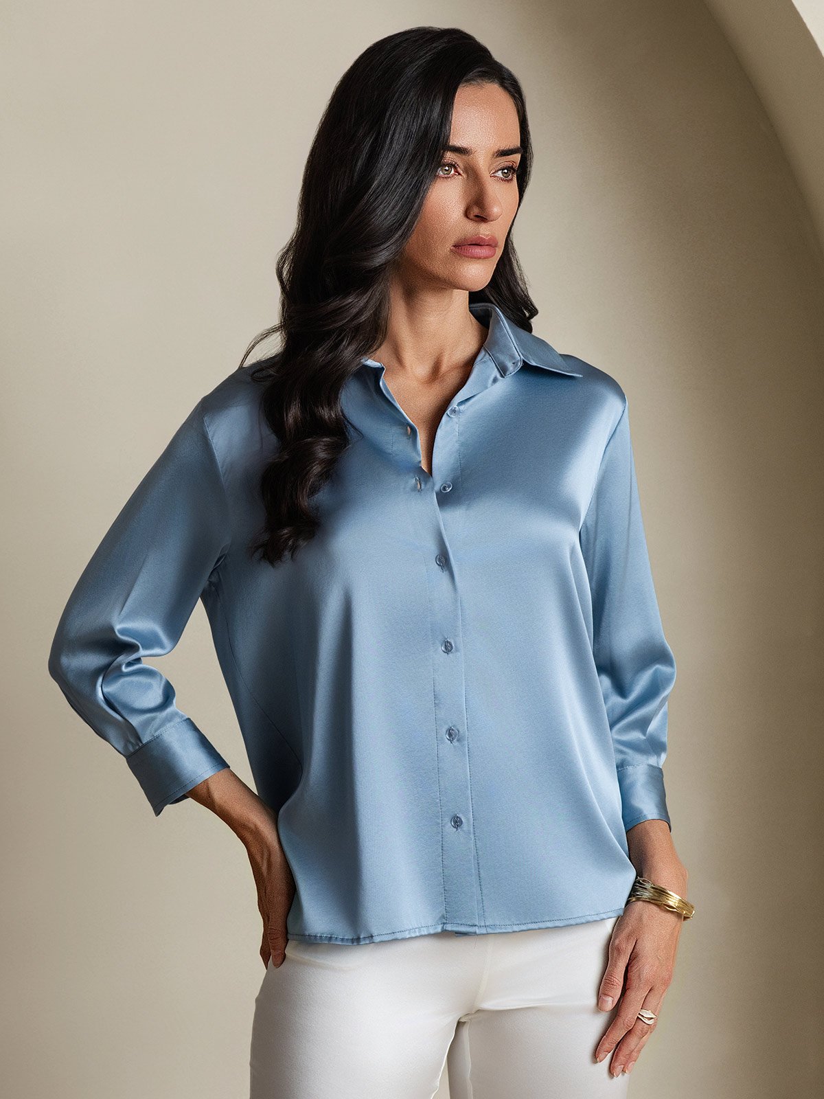 SilkSilky 19Momme Silk Long Sleeve Lapel Women's Shirt GrayishBlue 003