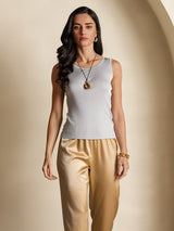 [Gray] SilkSilky  100% Silk Jersey Sleeveless Round Neck Women's T-Shirt 004
