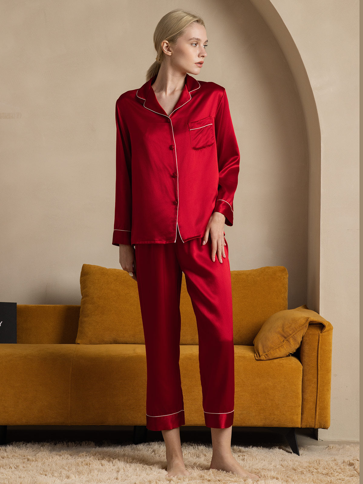 SilkSilky  22Momme Pure Silk Long Sleeve Lapel Women's Pajamas DarkRed 001