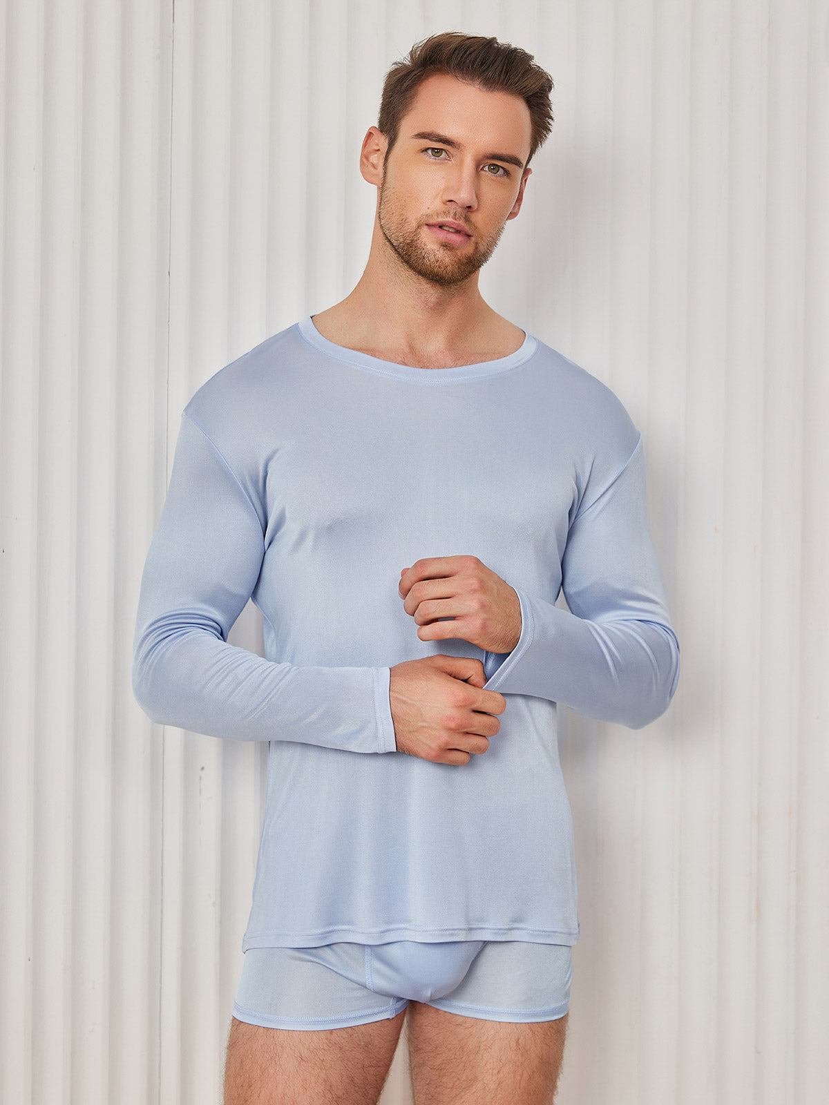 SilkSilky US Silk Knitted Long Sleeve Round Neck Men's T Shirt LightBlue 005