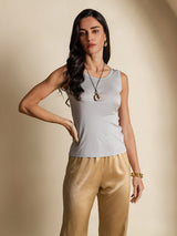 [Gray] SilkSilky  100% Silk Jersey Sleeveless Round Neck Women's T-Shirt 001