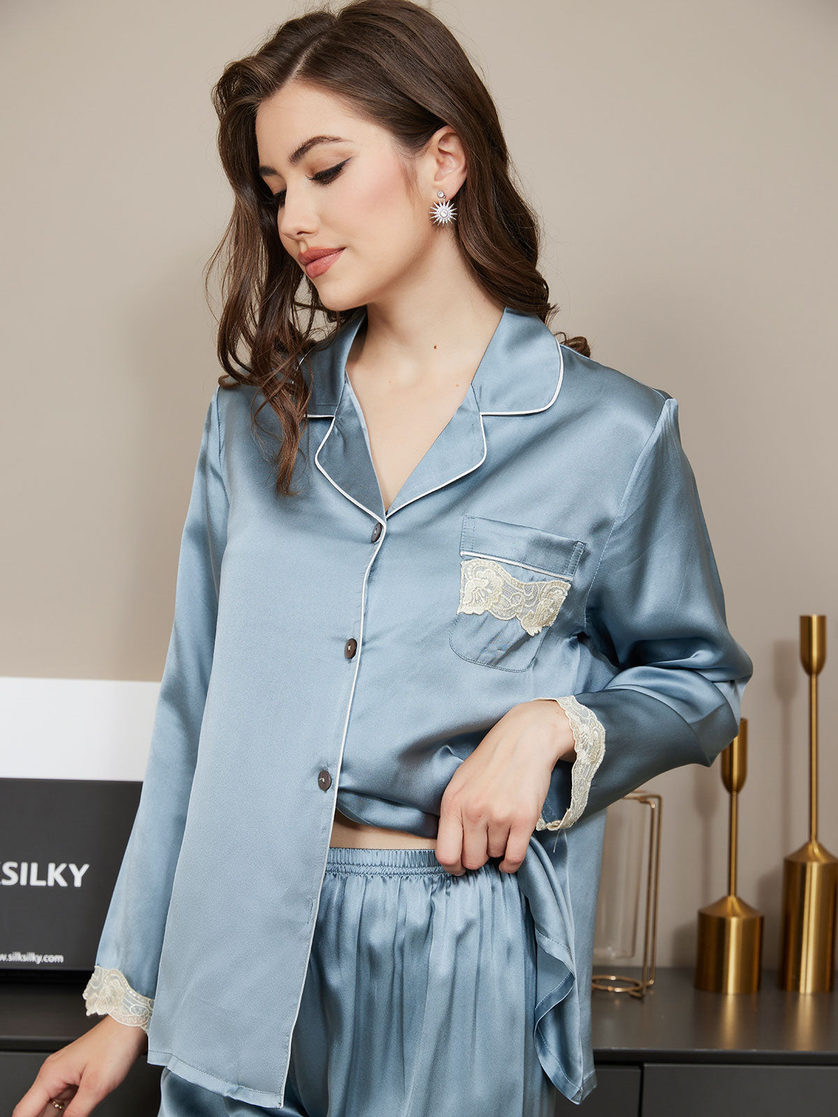 [Steel Blue] SilkSilky Pure Silk Long Sleeve Lapel Women's Pajamas 003
