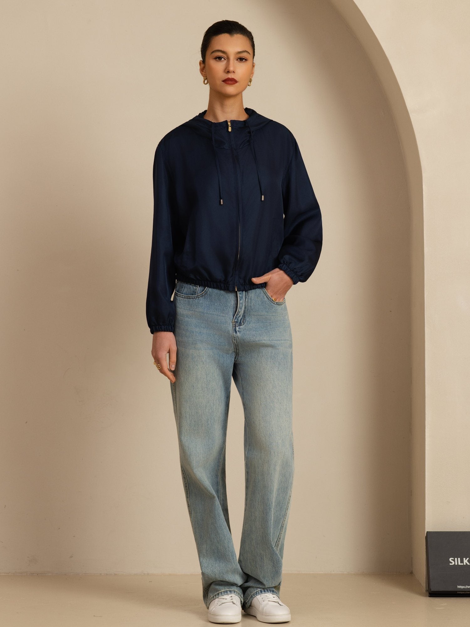 [DarkBlue] SilkSilky 18Momme Silk Satin Surah Long Sleeve Stand Collar Women's Outerwear 007