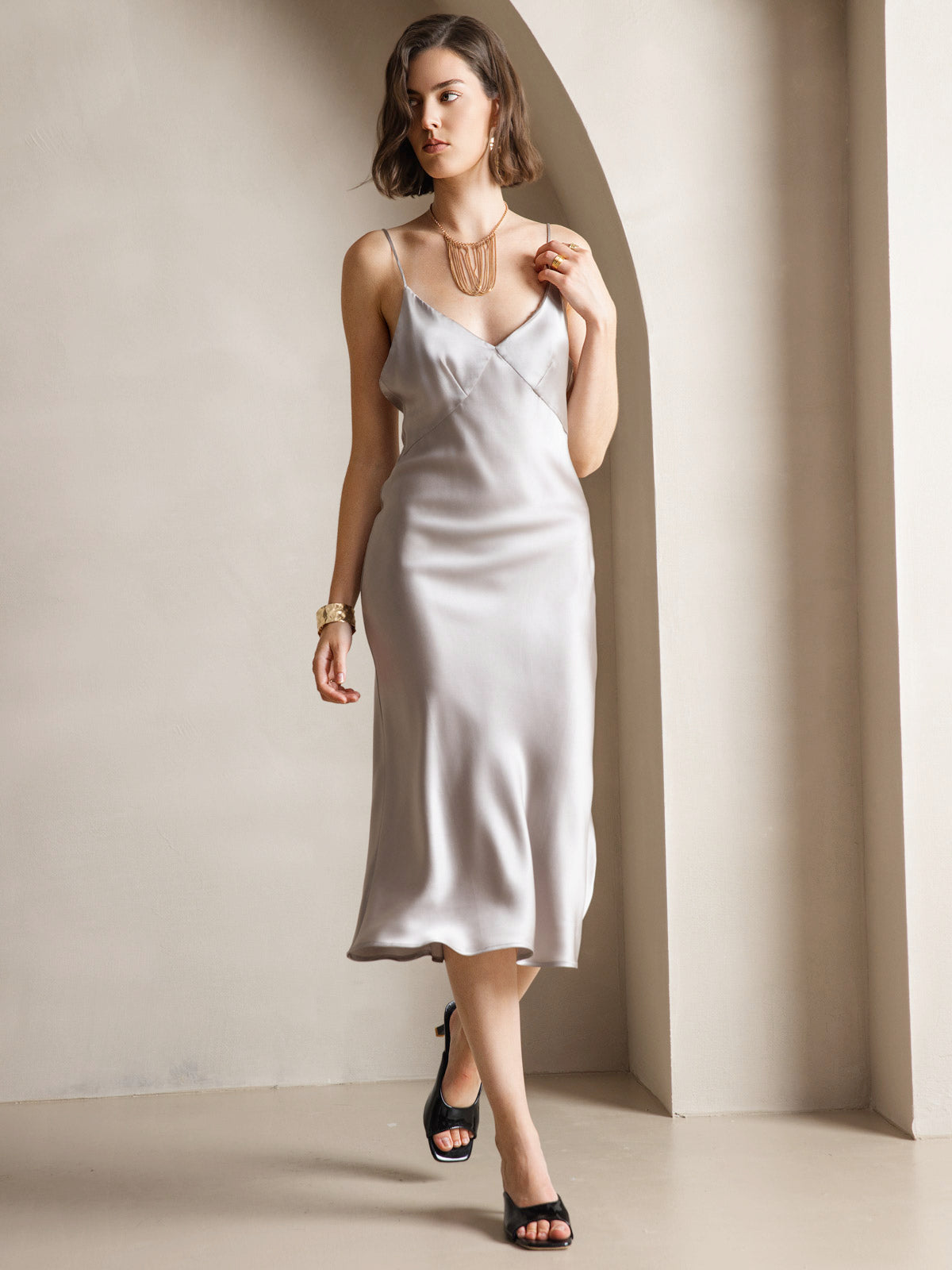 [Gray] SilkSilky  19Momme Pure Silk V Neck Dress 006