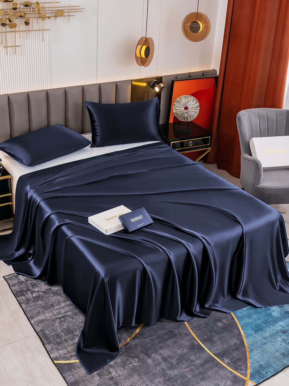 SilkSilky US 19Momme Pure Silk Bedding Set DarkBlue 001