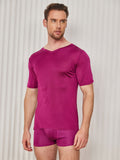 SilkSilky US Silk Knitted Short Sleeve V Neck Men's T Shirt DarkRed 003