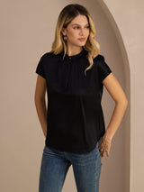 [Black] SilkSilky Short Sleeve Split Women's Blouse 001