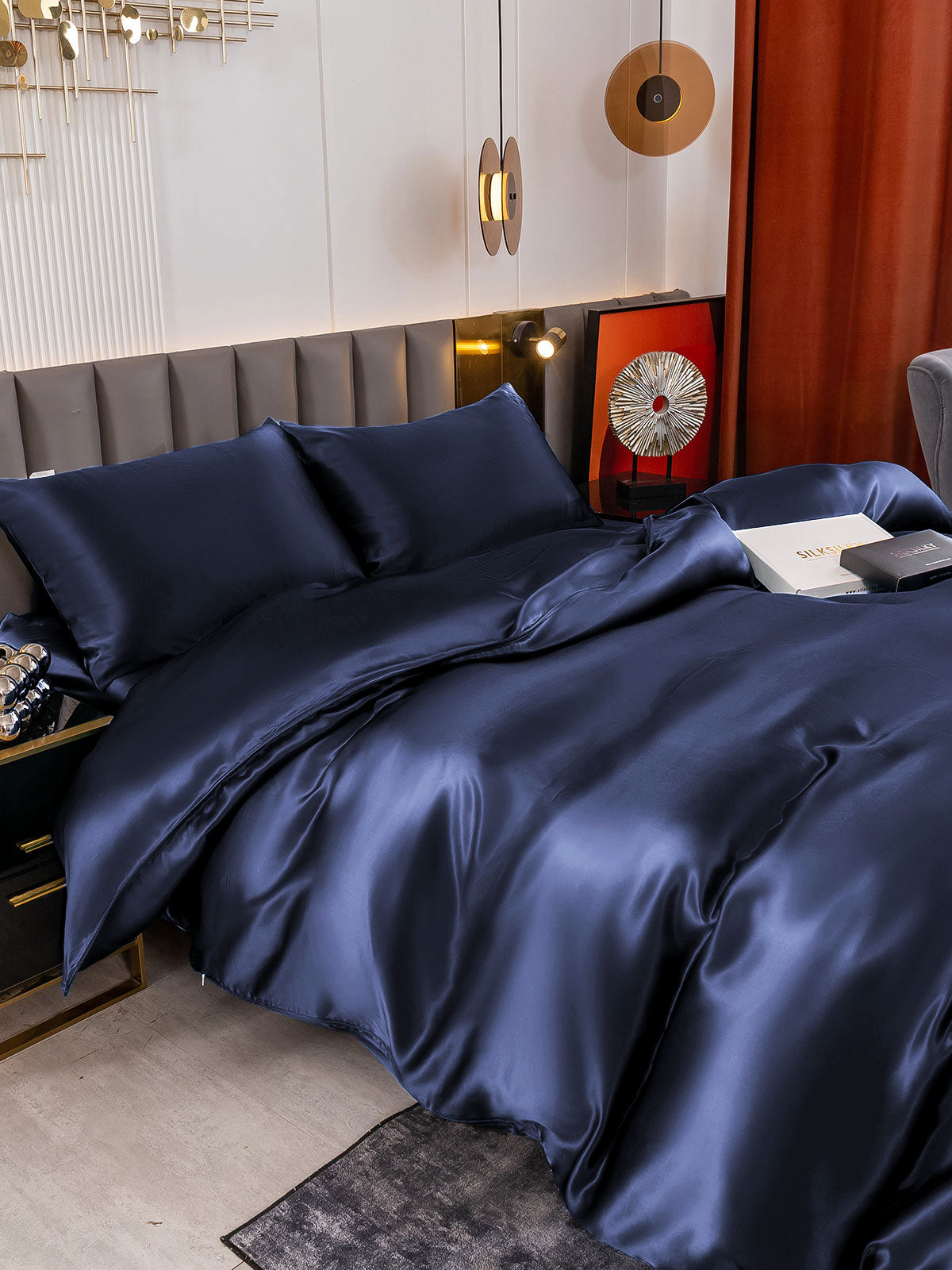 SilkSilky US 19Momme Pure Silk Bedding Set DarkBlue 005