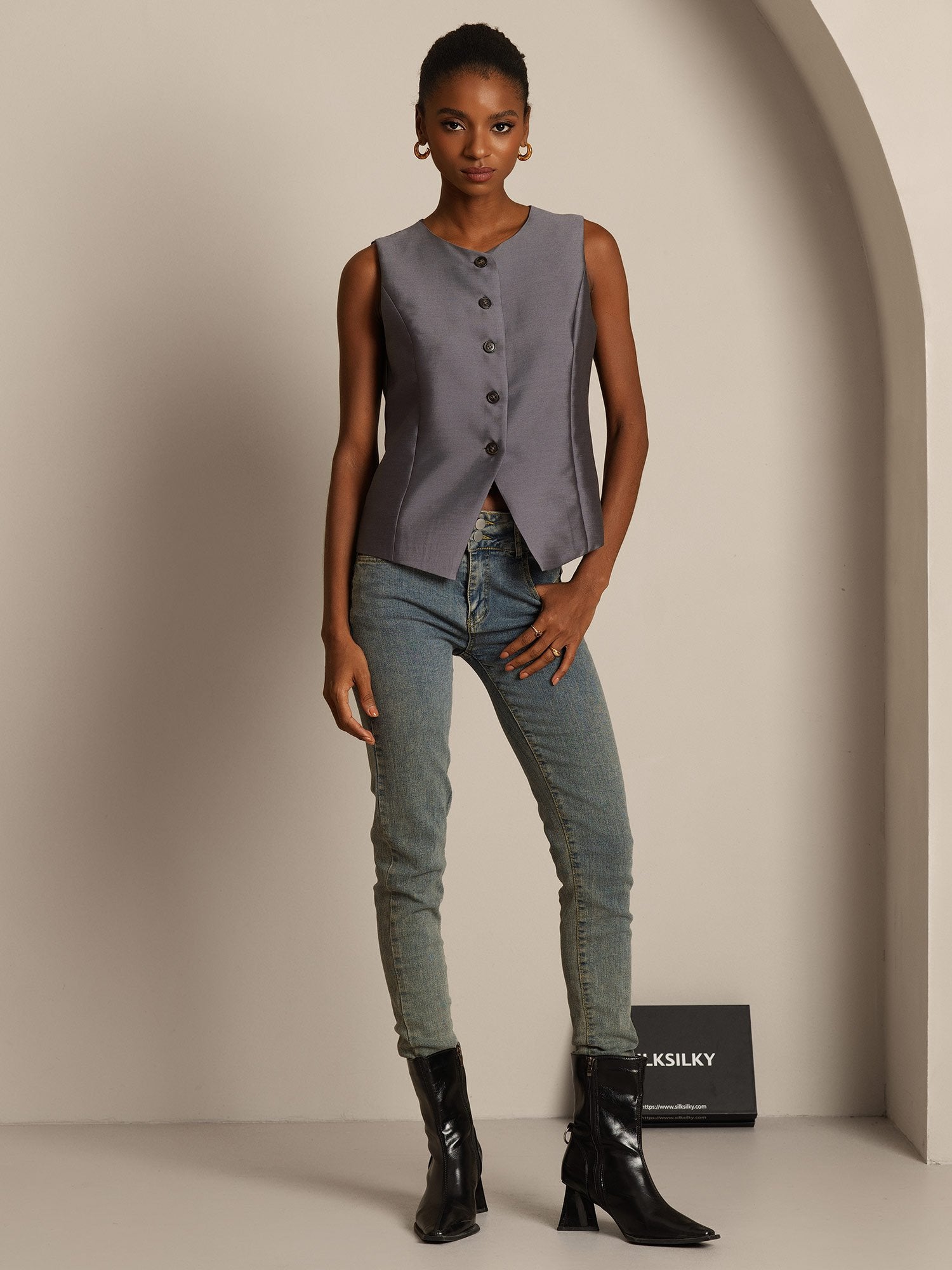 [Gray] SilkSilky 32Momme Silk Womens Vest 008