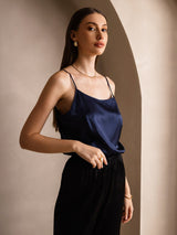 [Dark Blue] SilkSilky  19Momme Stretch Silk Charmeuse Spaghetti Strap Scoop Neck Camisole Top 003