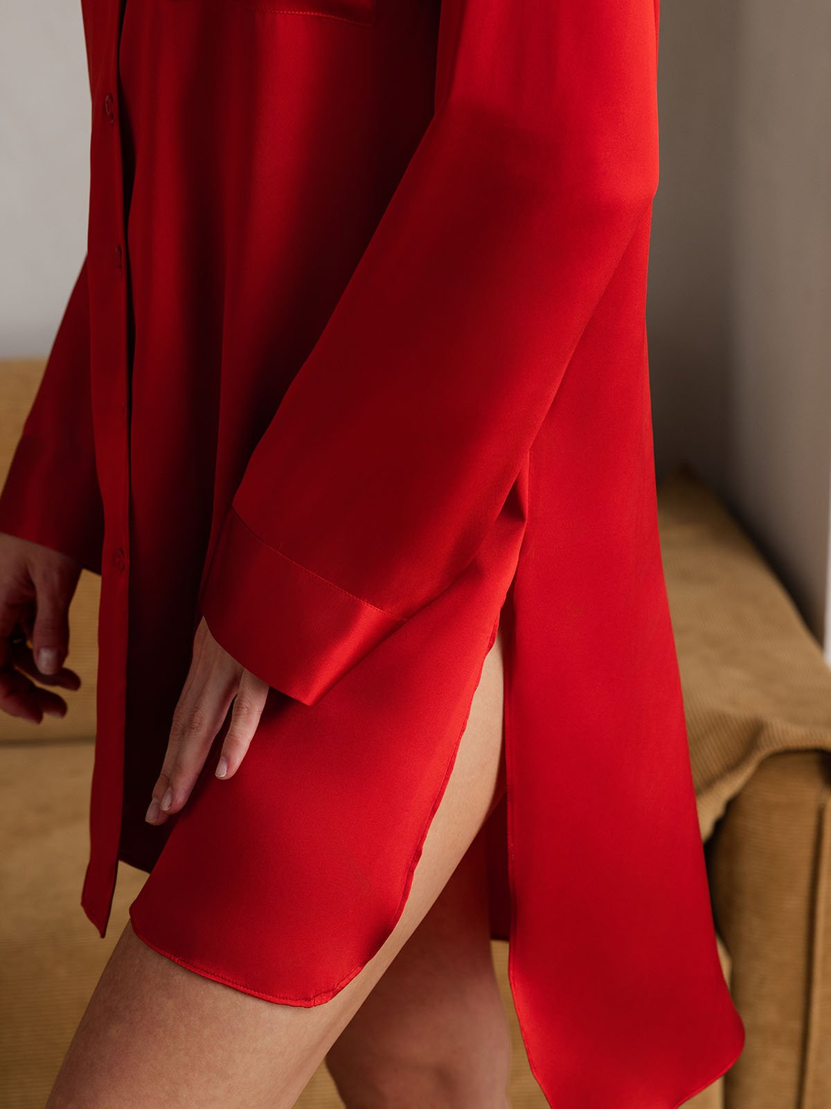 [Red] SilkSilky Pure Silk Lapel Collar Nightgown 005