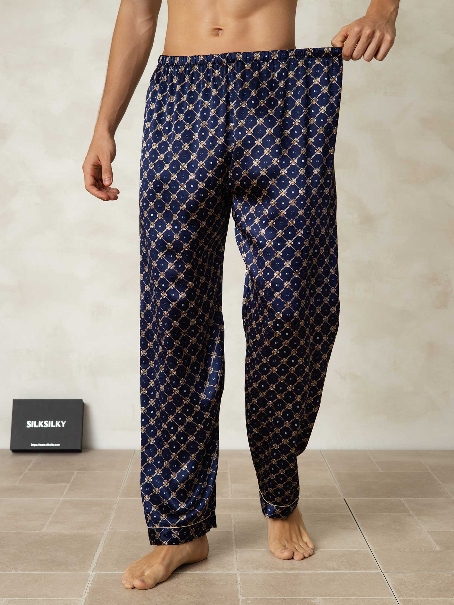 [Navy Chain] SilkSilky  Pure Silk Mens Sleep Bottoms 003