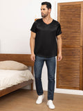 SilkSilky US Pure Silk Short Sleeve V Neck Men's T Shirt Black 003