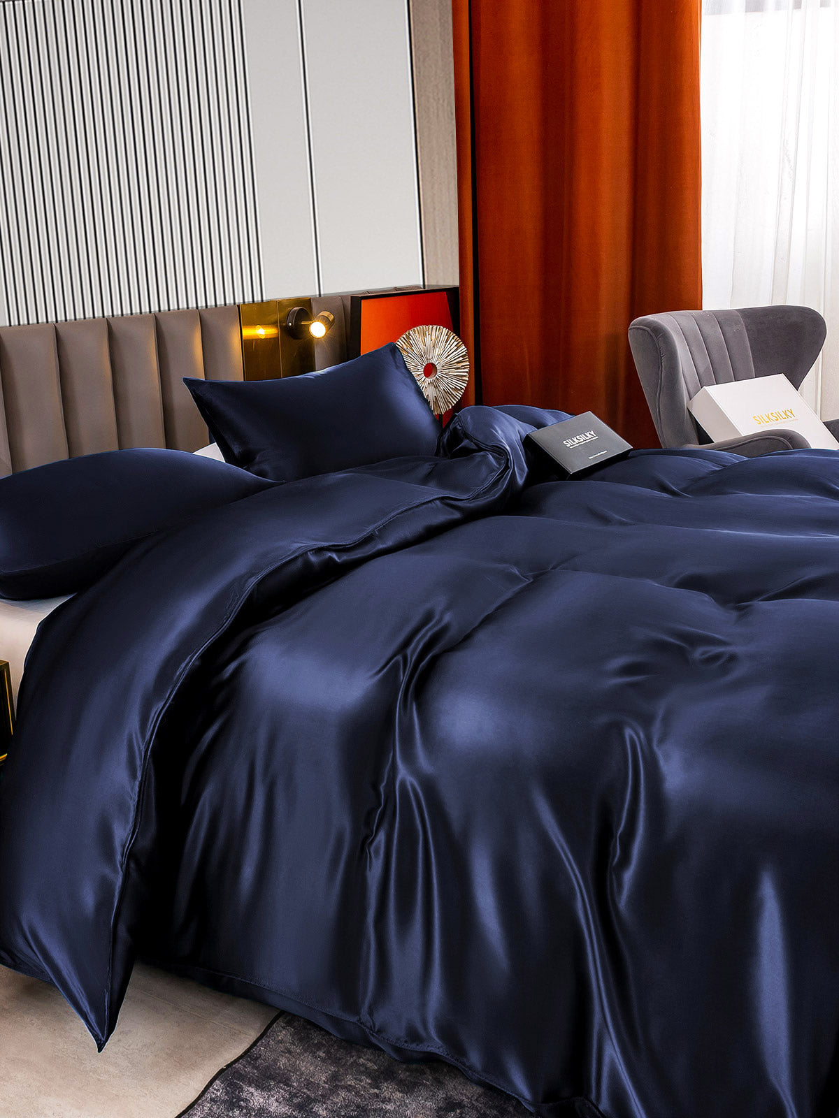 SilkSilky US 22Momme Pure Silk Bedding Set DarkBlue 005