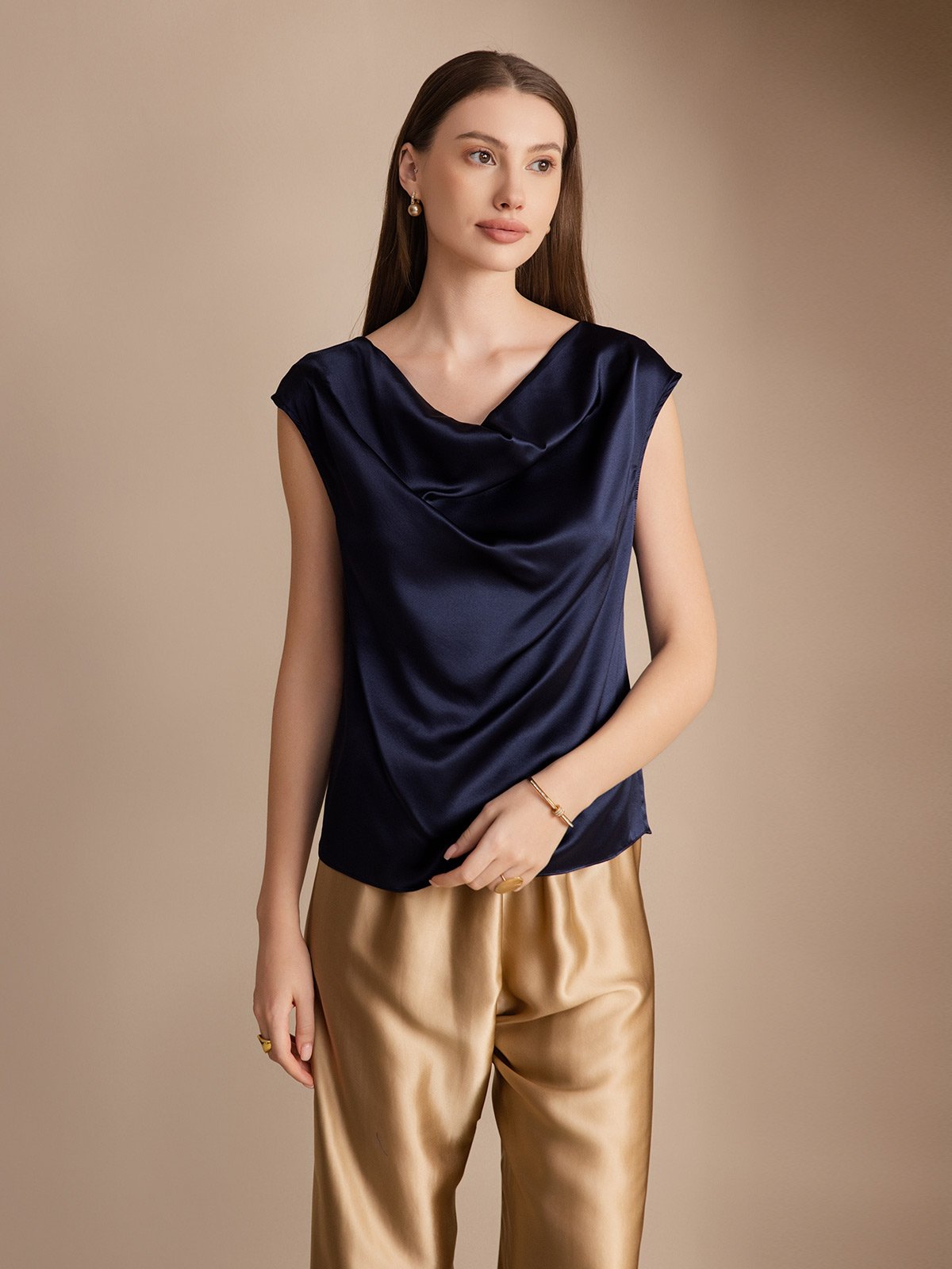 SilkSilky  19Momme Silk Sleeveless Cowl Neck Women's T-Shirt DarkBlue 001