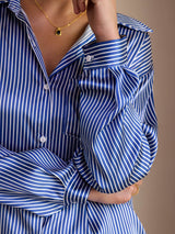 [Blue Pinstripe] SilkSilky Long Sleeve Lapel Collar Women's Shirts 006
