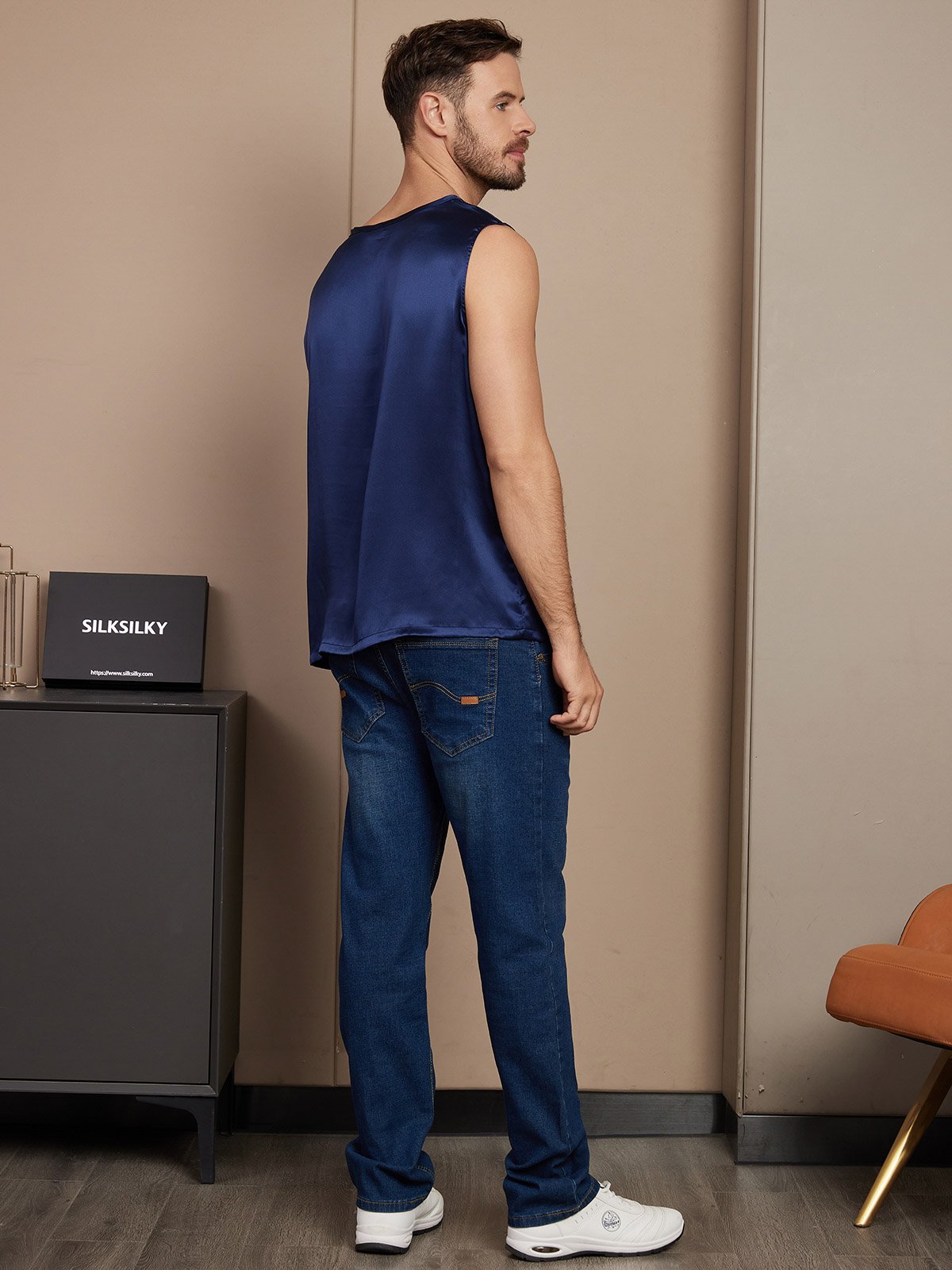 [Dark Blue] SilkSilky  Pure Silk Mens T-Shirt 002