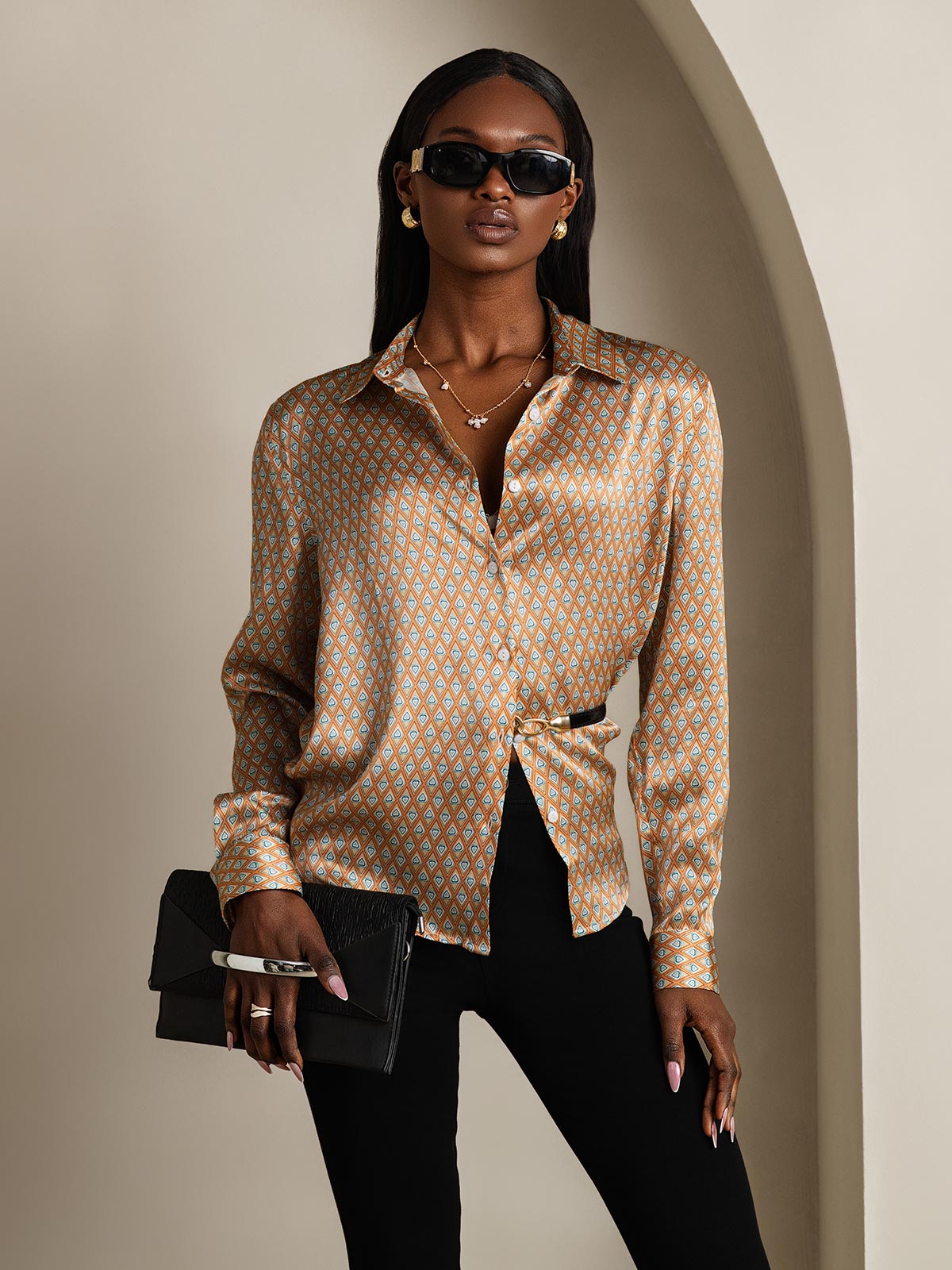 [Floral] SilkSilky  Silk Lapel Collar Women's Shirt 001