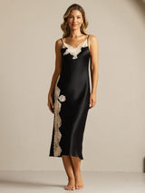 [Black] SilkSilky  Pure Silk Split Nightgown 003,