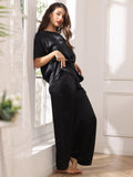 SilkSilky US Pure Silk Short Sleeve Round Neck Women's Pajamas Black 005