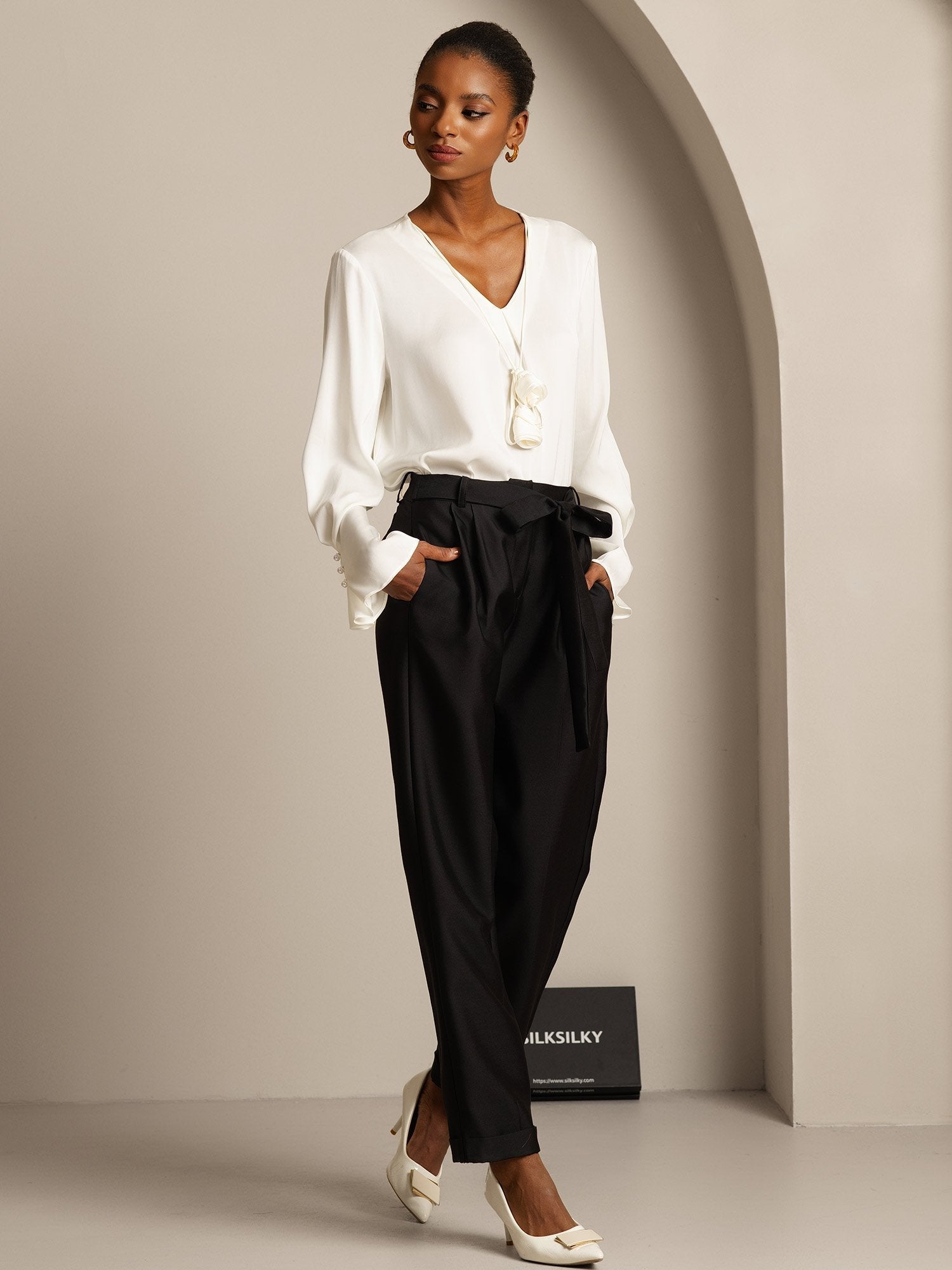 [Black] SilkSilky  32Momme Silk Womens Pants 005,