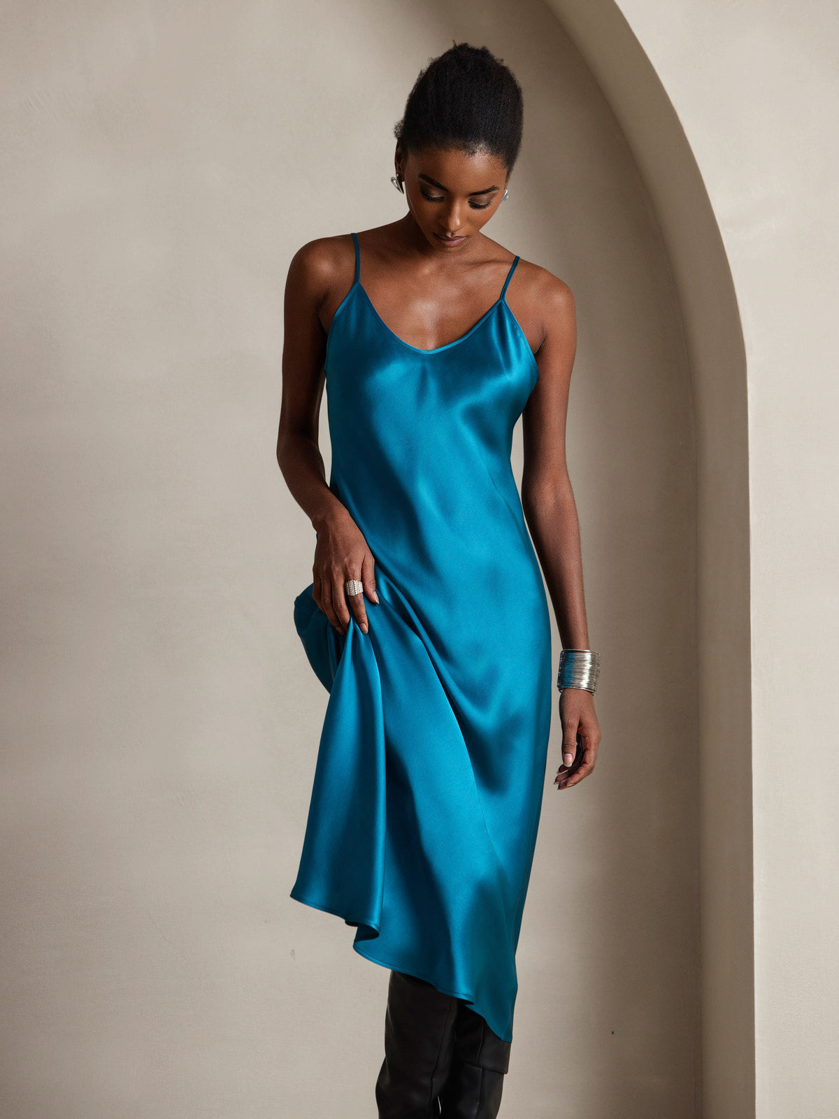 SilkSilky  Pure Silk Sleeveless Round Neck Dress Teal 003