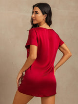 [Wine] SilkSilky  19Momme Machine-Washable Silk Short Sleeve Round Neck Nightgown 002