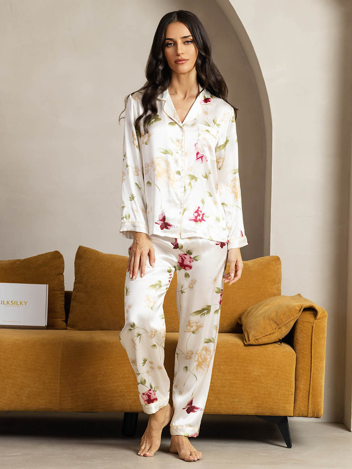 [Ivory Floral] SilkSilky  Pure Silk Womens Pajamas 001