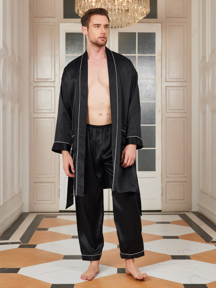 Silksilky Mulberry Men's Silk Robes Contrast Piping Silk Sleepwear