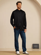 [Black] SilkSilky Long Sleeve Stand Collar Men''s Shirt 008