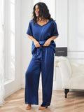 SilkSilky US Pure Silk Short Sleeve V Neck Women's Pajamas DarkBlue 004