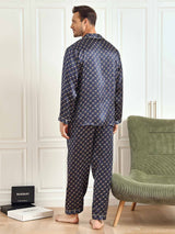 [Navy Chain] SilkSilky  19Momme Long Sleeve Notch Collar Men's Pajamas 009