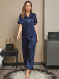 SilkSilky US Pure Silk Short Sleeve Lapel Women's Pajamas DarkBlue 001