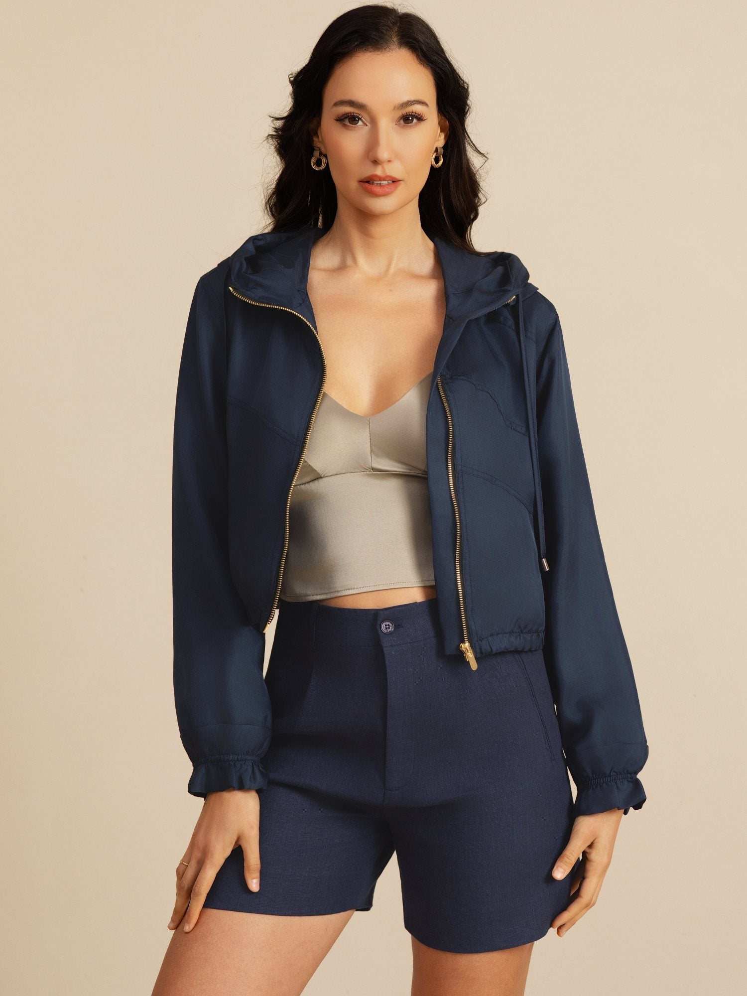 [DarkBlue] SilkSilky 18Momme Silk Satin Surah Long Sleeve High Neck Women's Outerwear 006