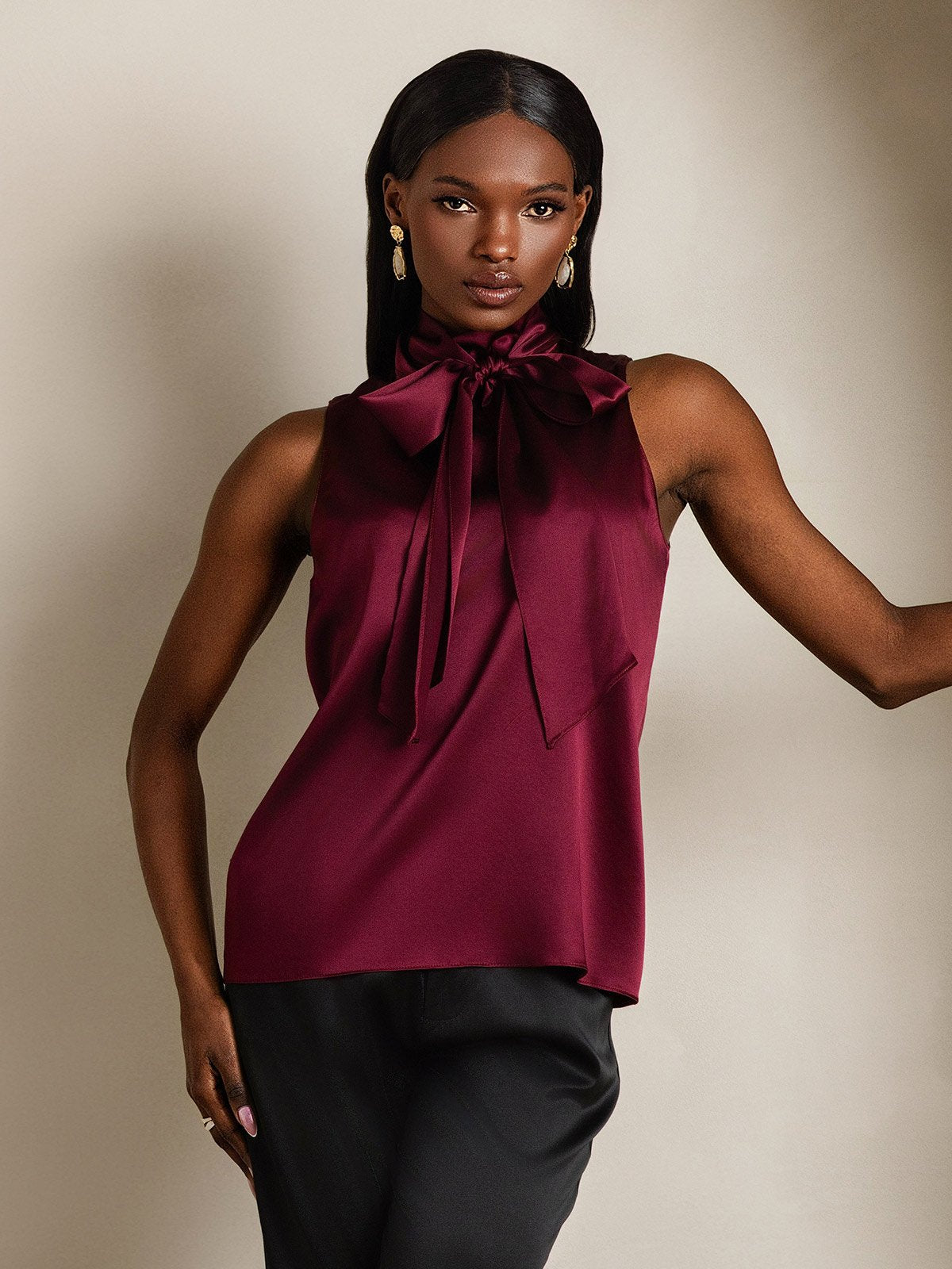 SilkSilky 19Momme Silk Tie Neck Women's Shirt DarkRed 003